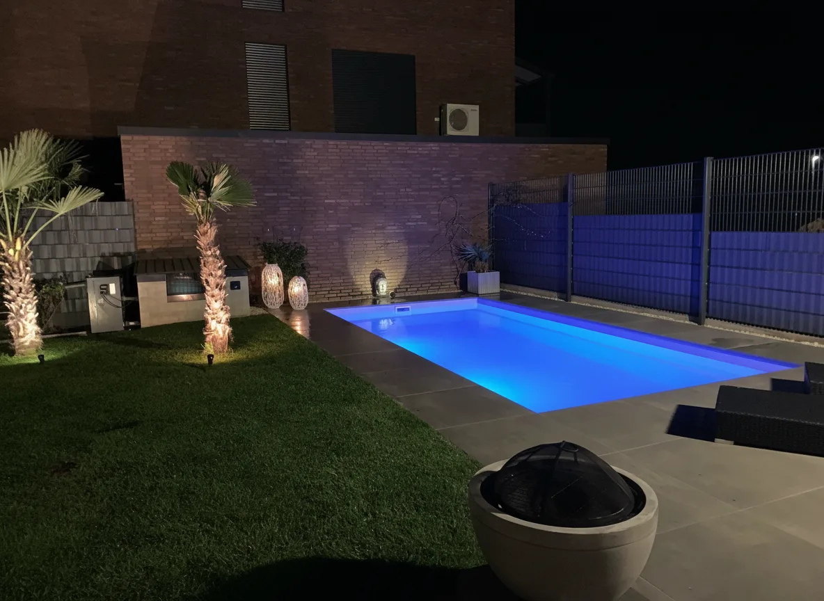 Beleuchteter Pool im Garten bei Nacht